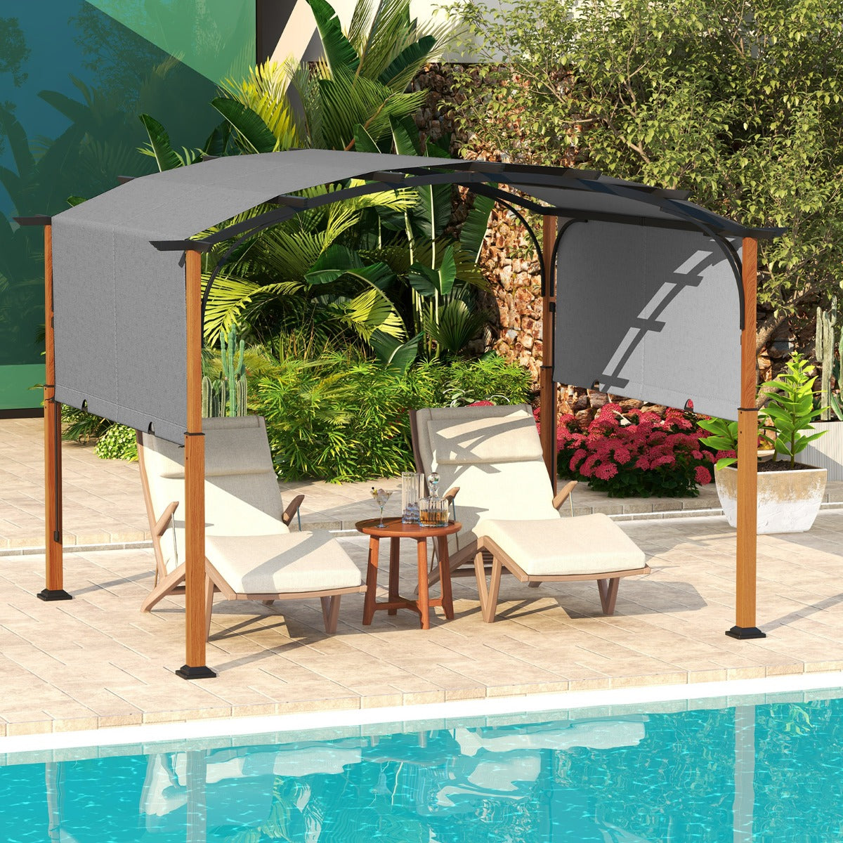 3m x 3.6m Outdoor Arched Patio Pergola with Retractable Canopy-Grey