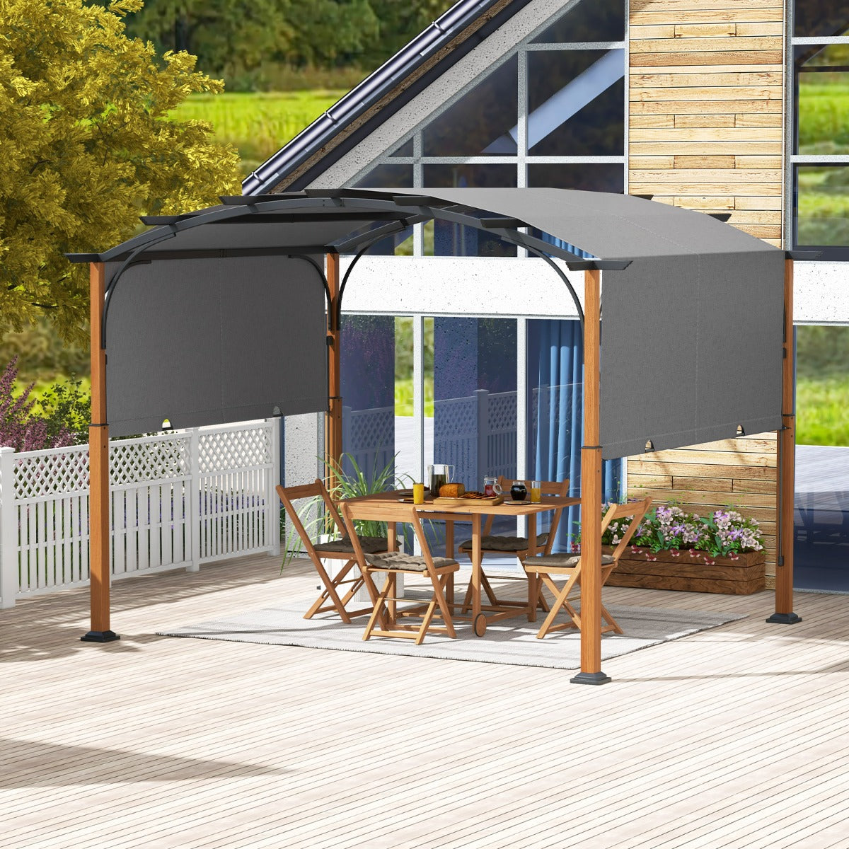 3m x 3.6m Outdoor Arched Patio Pergola with Retractable Canopy-Grey