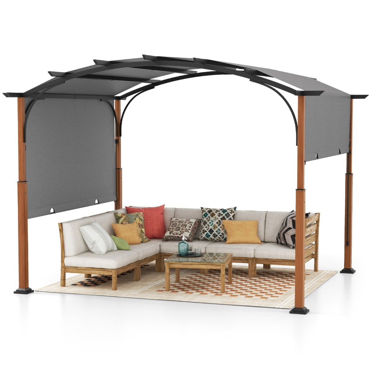 3m x 3.6m Outdoor Arched Patio Pergola with Retractable Canopy-Grey