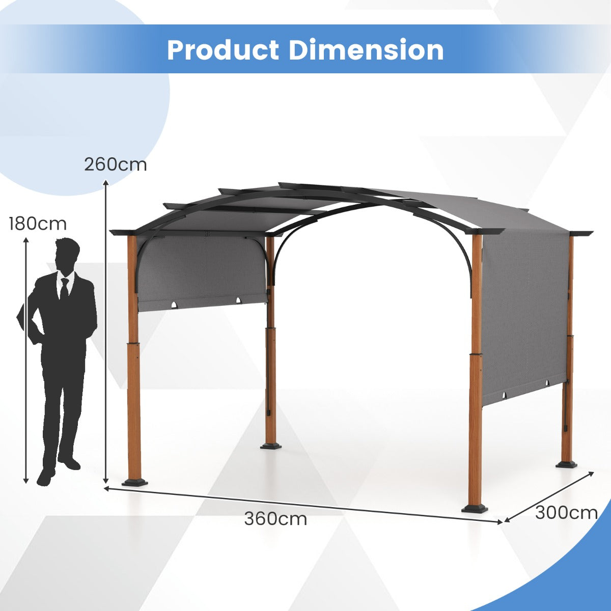 3m x 3.6m Outdoor Arched Patio Pergola with Retractable Canopy-Grey