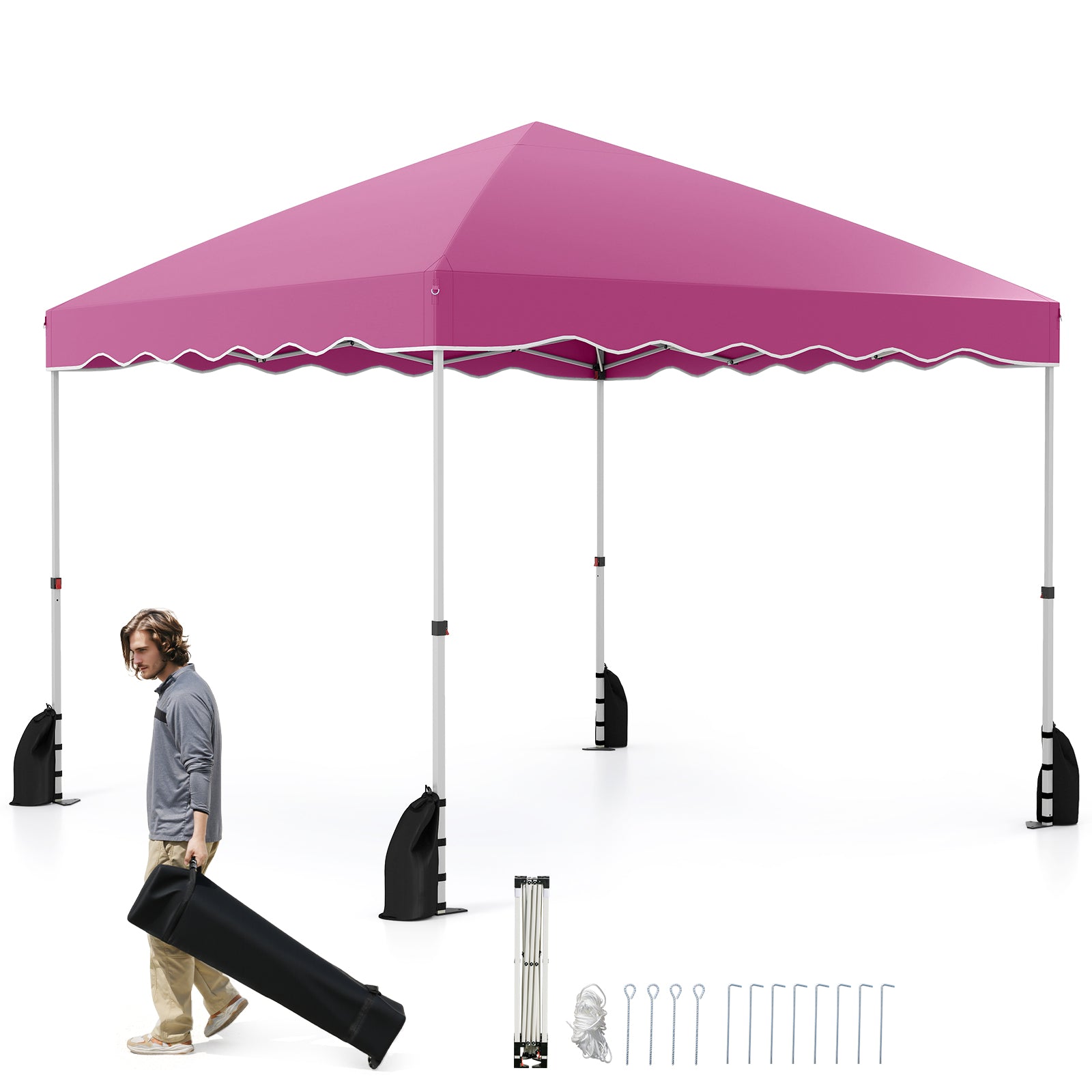 3 x 3 m Pop up Canopy Tent Foldable with Wheeled Bag and 4 Sandbags-Pink
