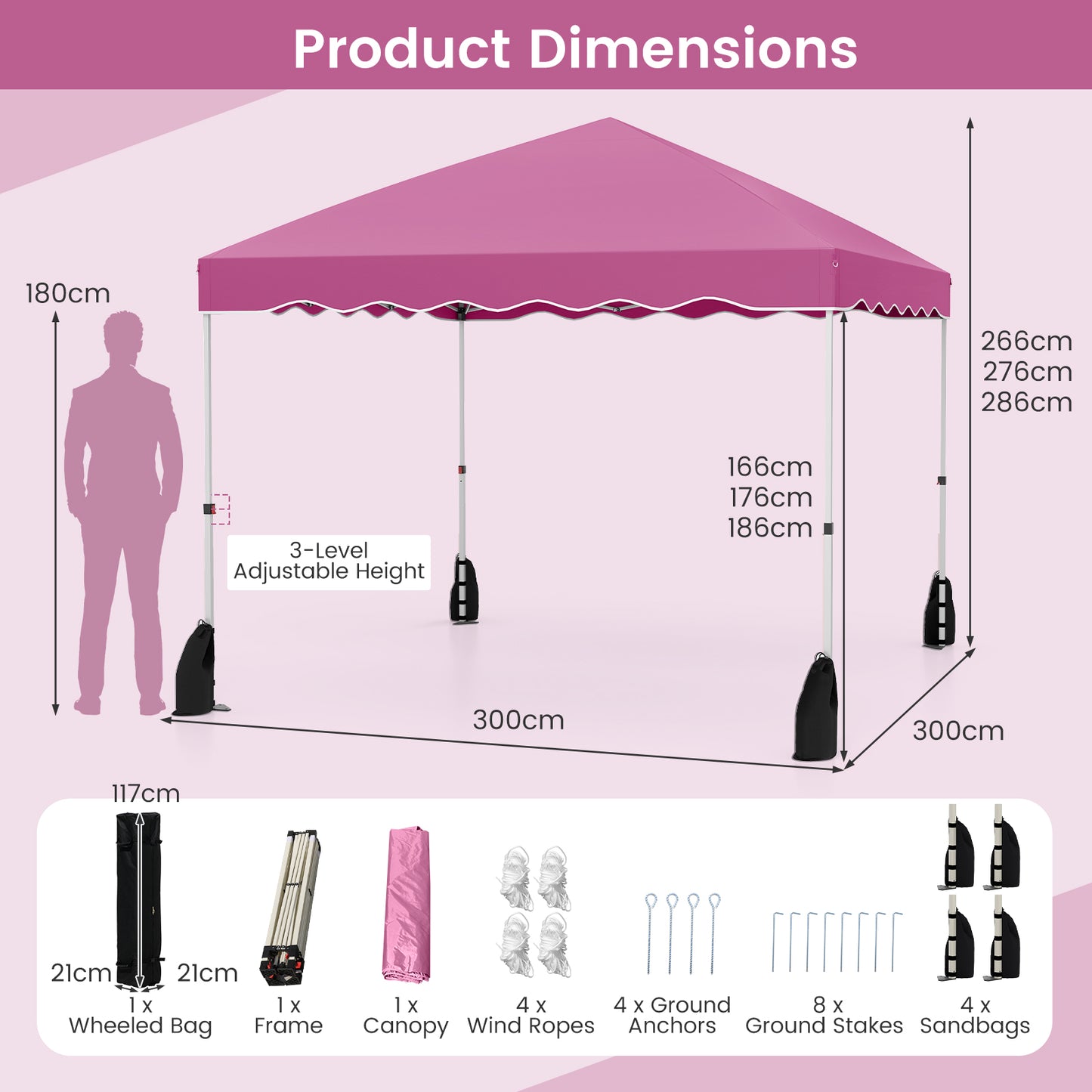 3 x 3 m Pop up Canopy Tent Foldable with Wheeled Bag and 4 Sandbags-Pink