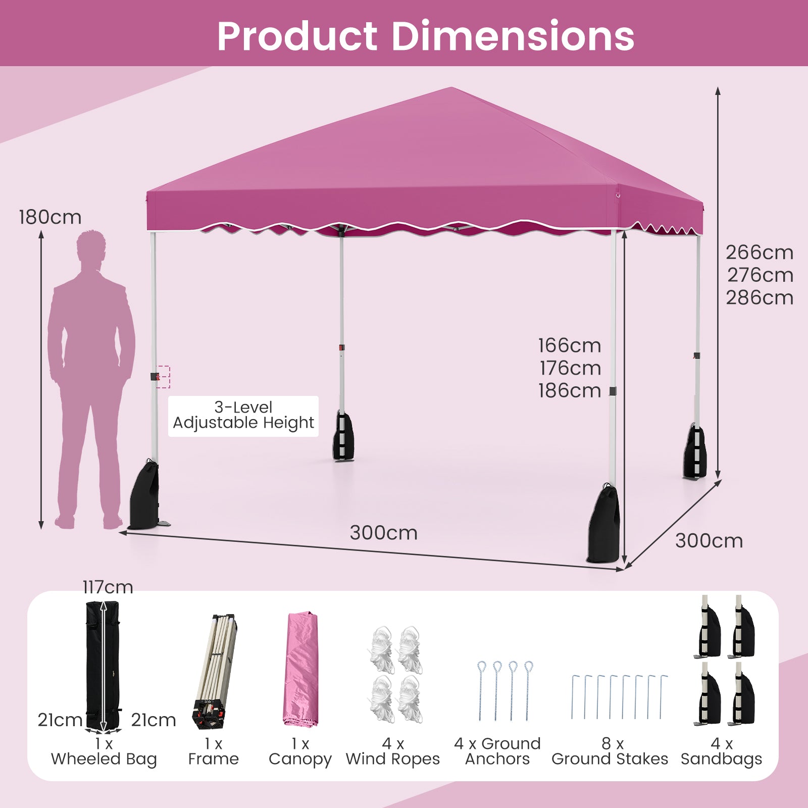 3 x 3 m Pop up Canopy Tent Foldable with Wheeled Bag and 4 Sandbags-Pink