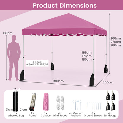 3 x 3 m Pop up Canopy Tent Foldable with Wheeled Bag and 4 Sandbags-Pink