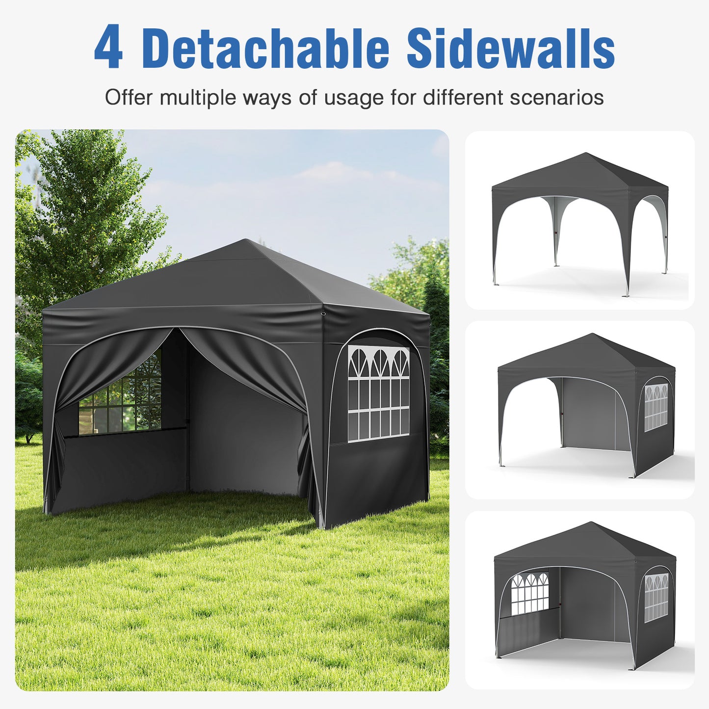 3 x 3m Pop up Canopy Tent with 4 Removable Sidewall and Wheeled Bag-Dark Grey