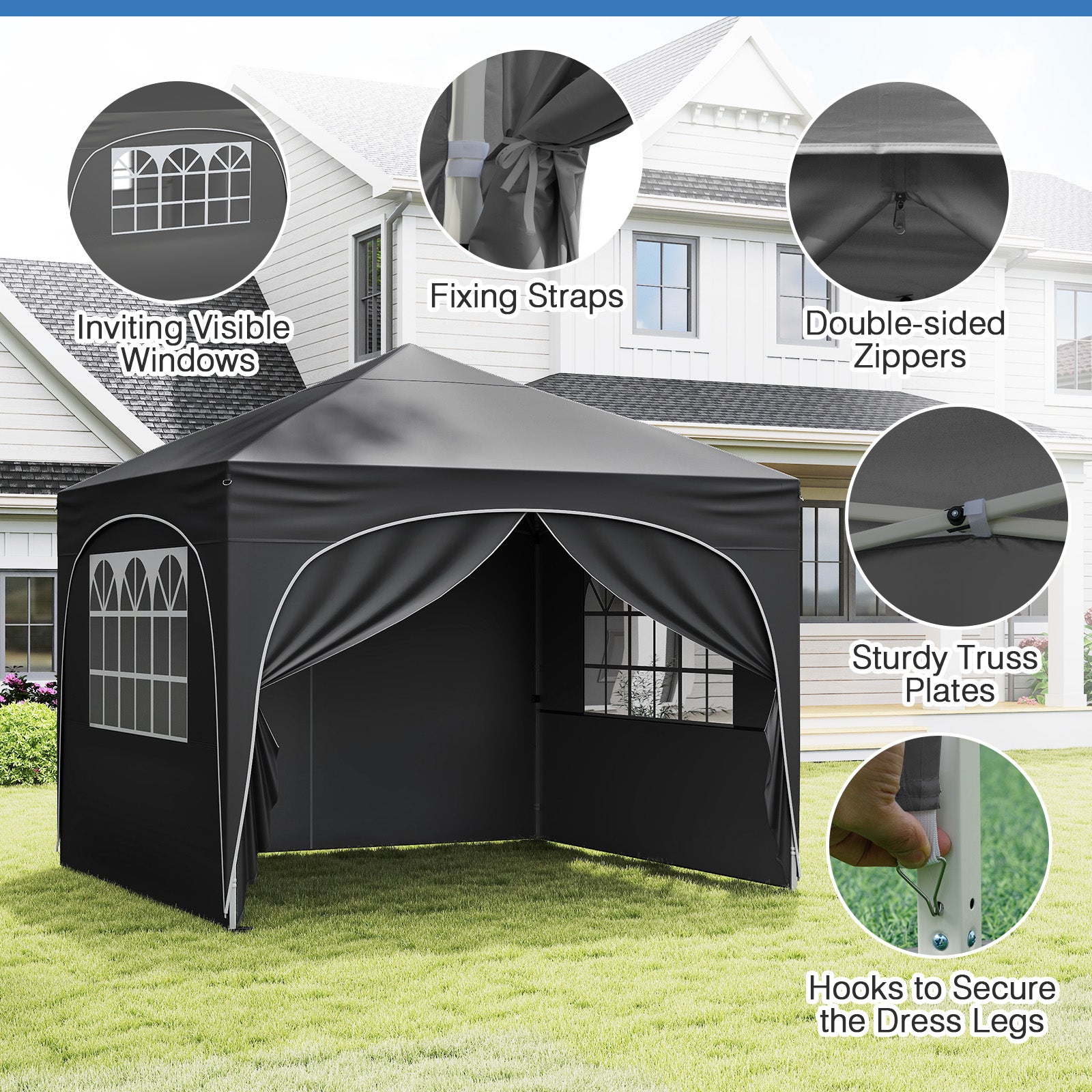 3 x 3m Pop up Canopy Tent with 4 Removable Sidewall and Wheeled Bag-Dark Grey