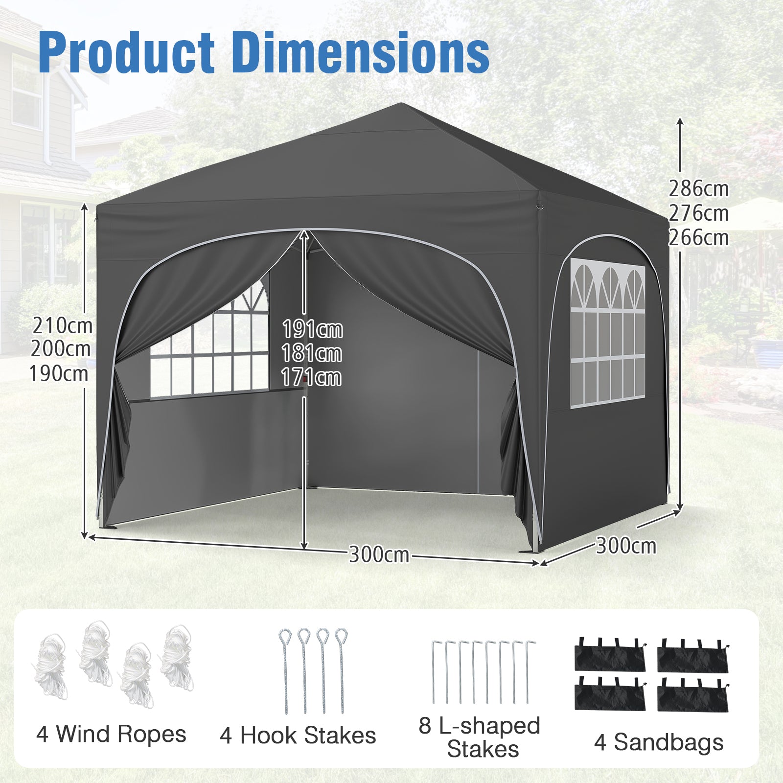 3 x 3m Pop up Canopy Tent with 4 Removable Sidewall and Wheeled Bag-Dark Grey