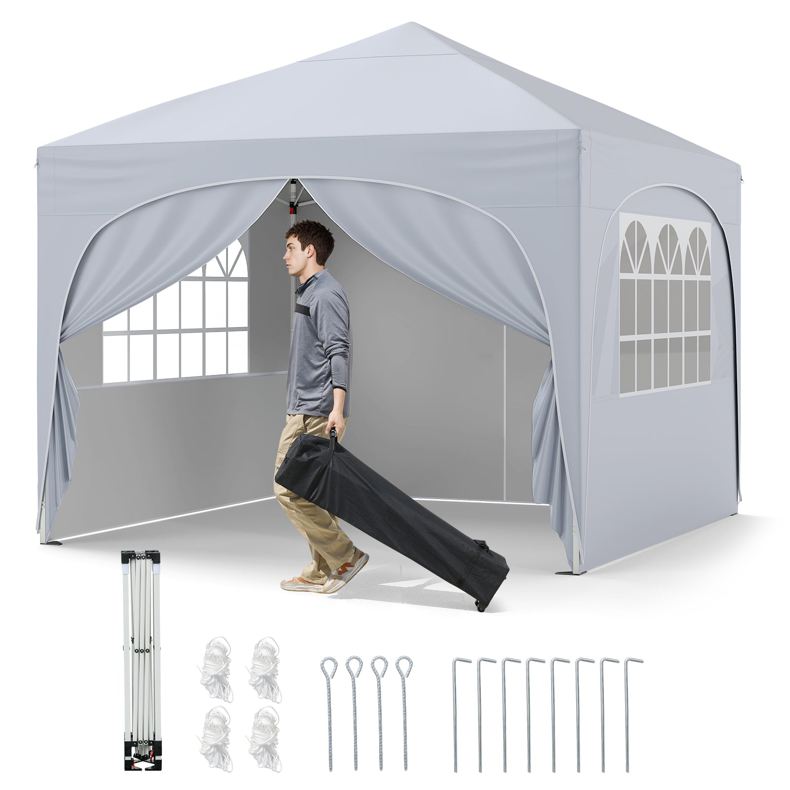 3 x 3m Pop up Canopy Tent with 4 Removable Sidewall and Wheeled Bag-White