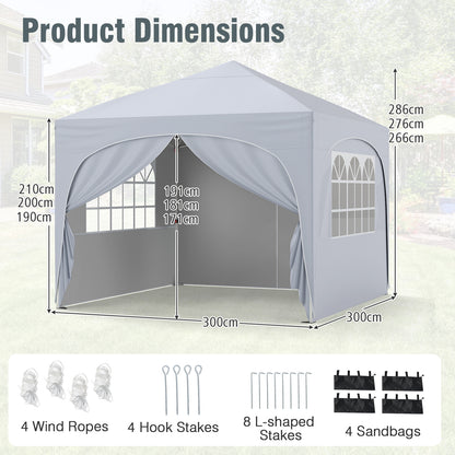 3 x 3m Pop up Canopy Tent with 4 Removable Sidewall and Wheeled Bag-White