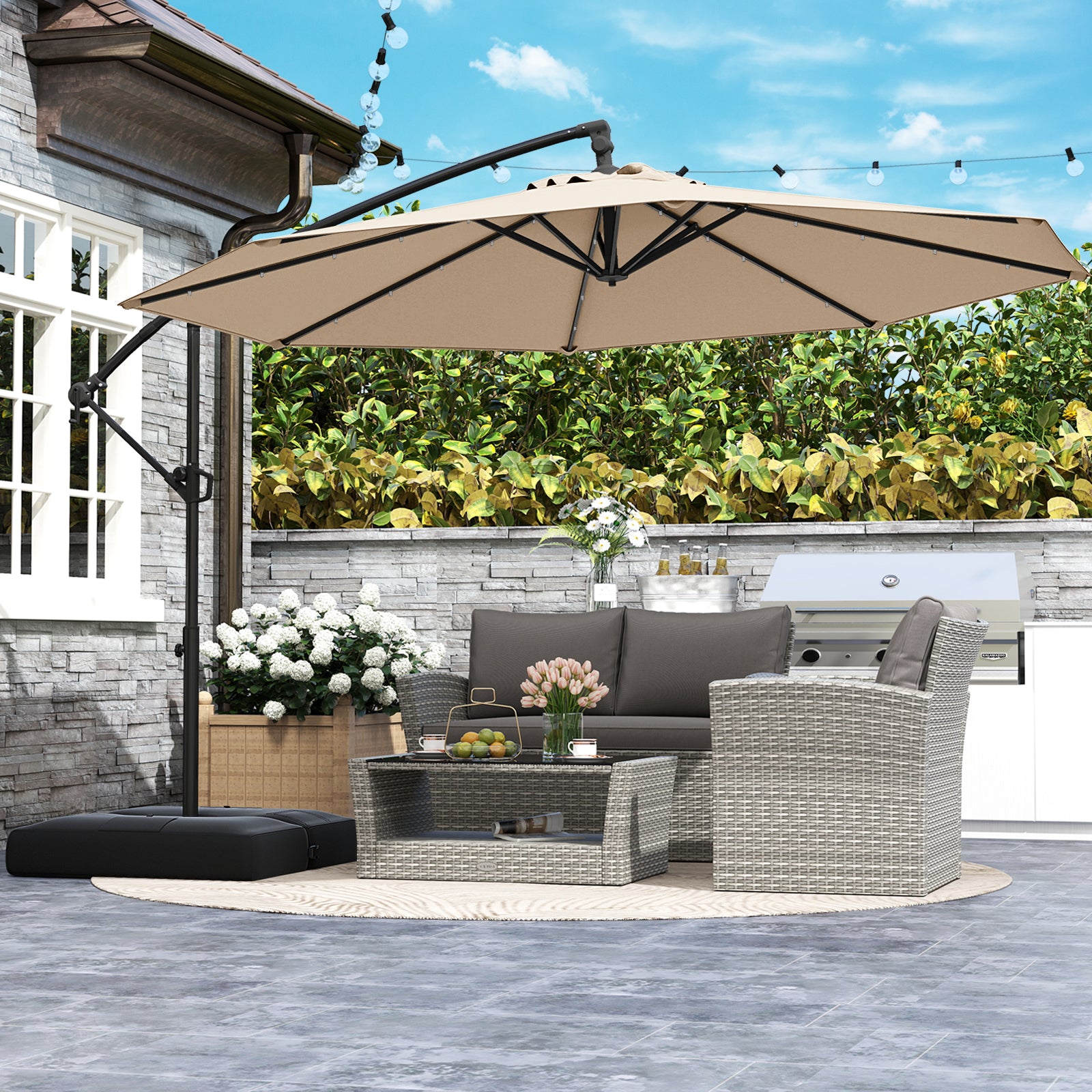 3m Solar Offset Hanging Umbrella with 32 LED Lights and 360° Rotation-Beige