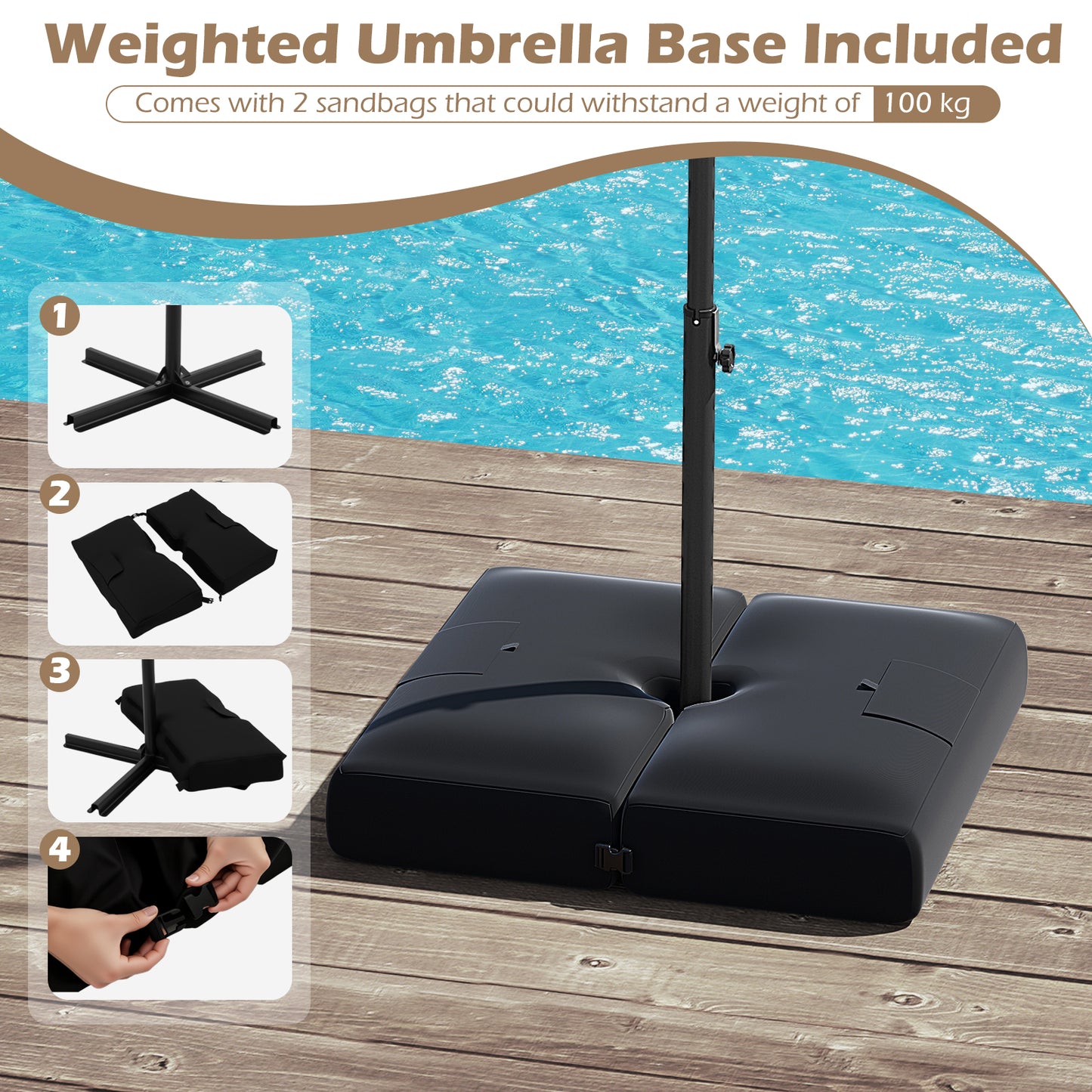 3m Solar Offset Hanging Umbrella with 32 LED Lights and 360° Rotation-Beige