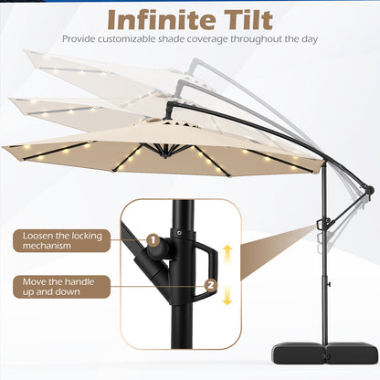 3m Solar Offset Hanging Umbrella with 32 LED Lights and 360° Rotation-Beige