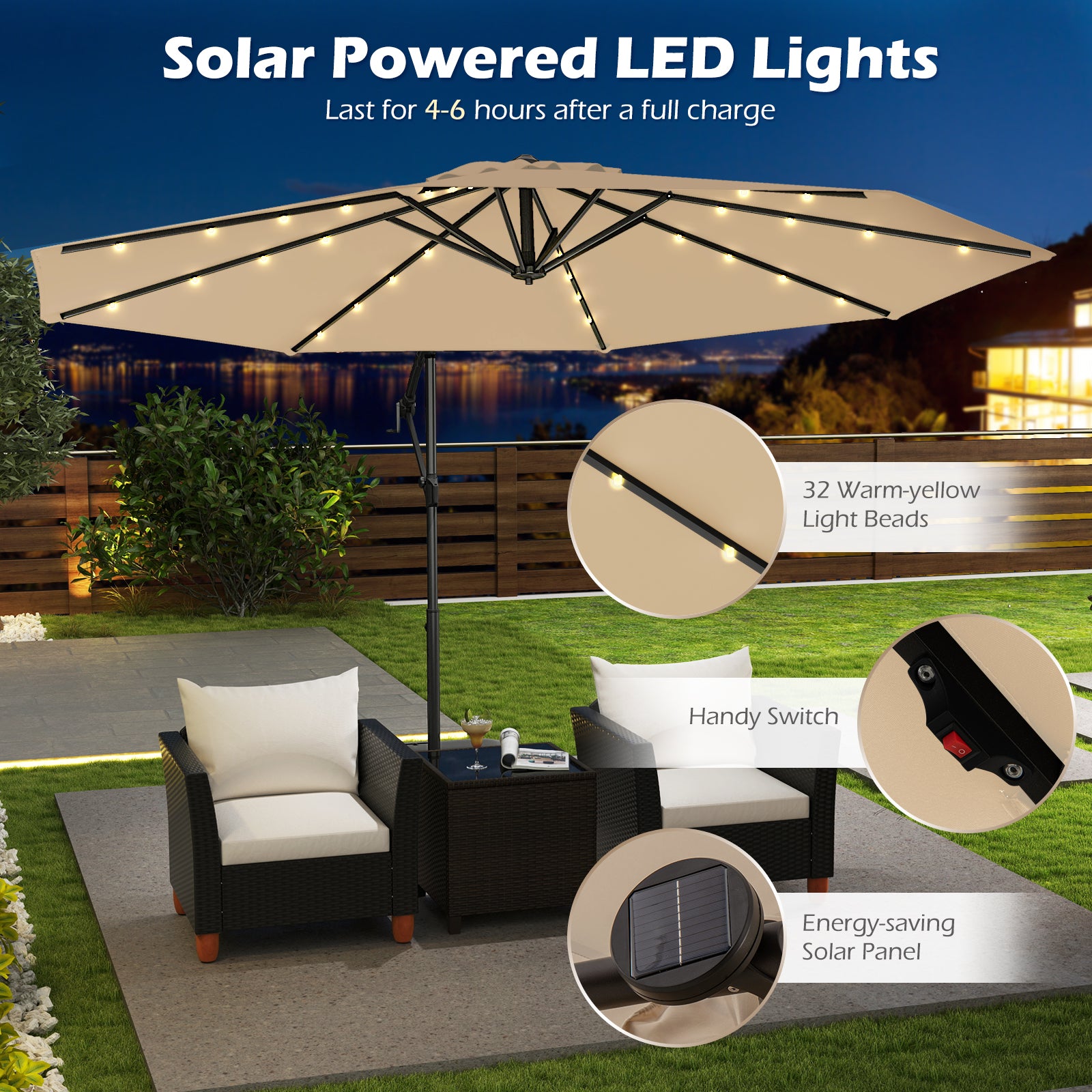 3m Solar Offset Hanging Umbrella with 32 LED Lights and 360° Rotation-Beige