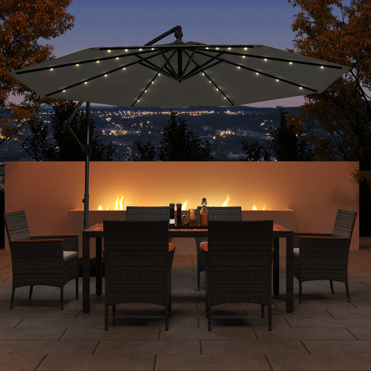 3m Solar Offset Hanging Umbrella with 32 LED Lights and 360° Rotation-Grey