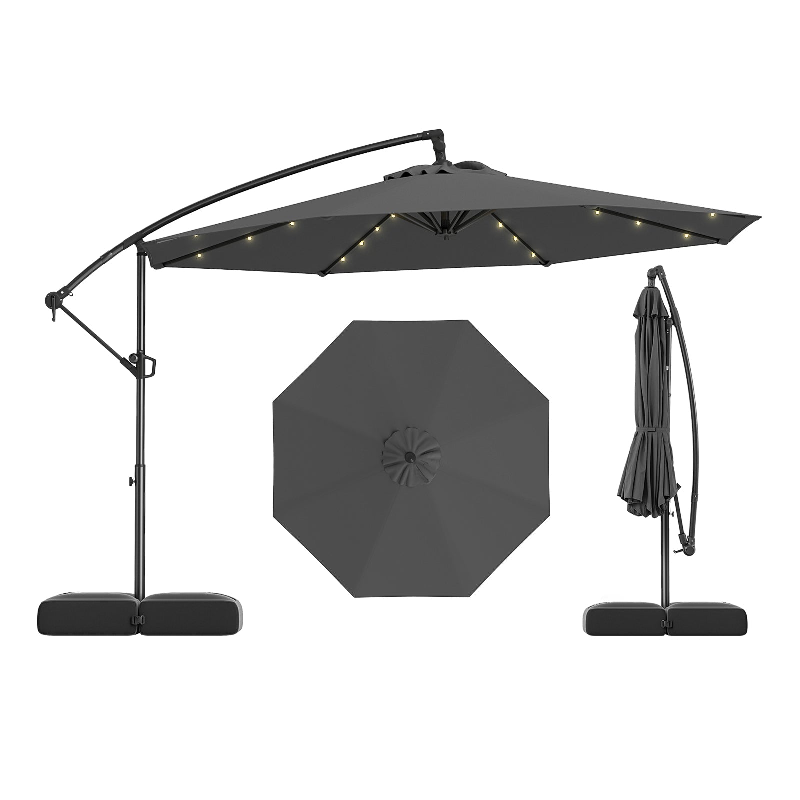 3m Solar Offset Hanging Umbrella with 32 LED Lights and 360° Rotation-Grey