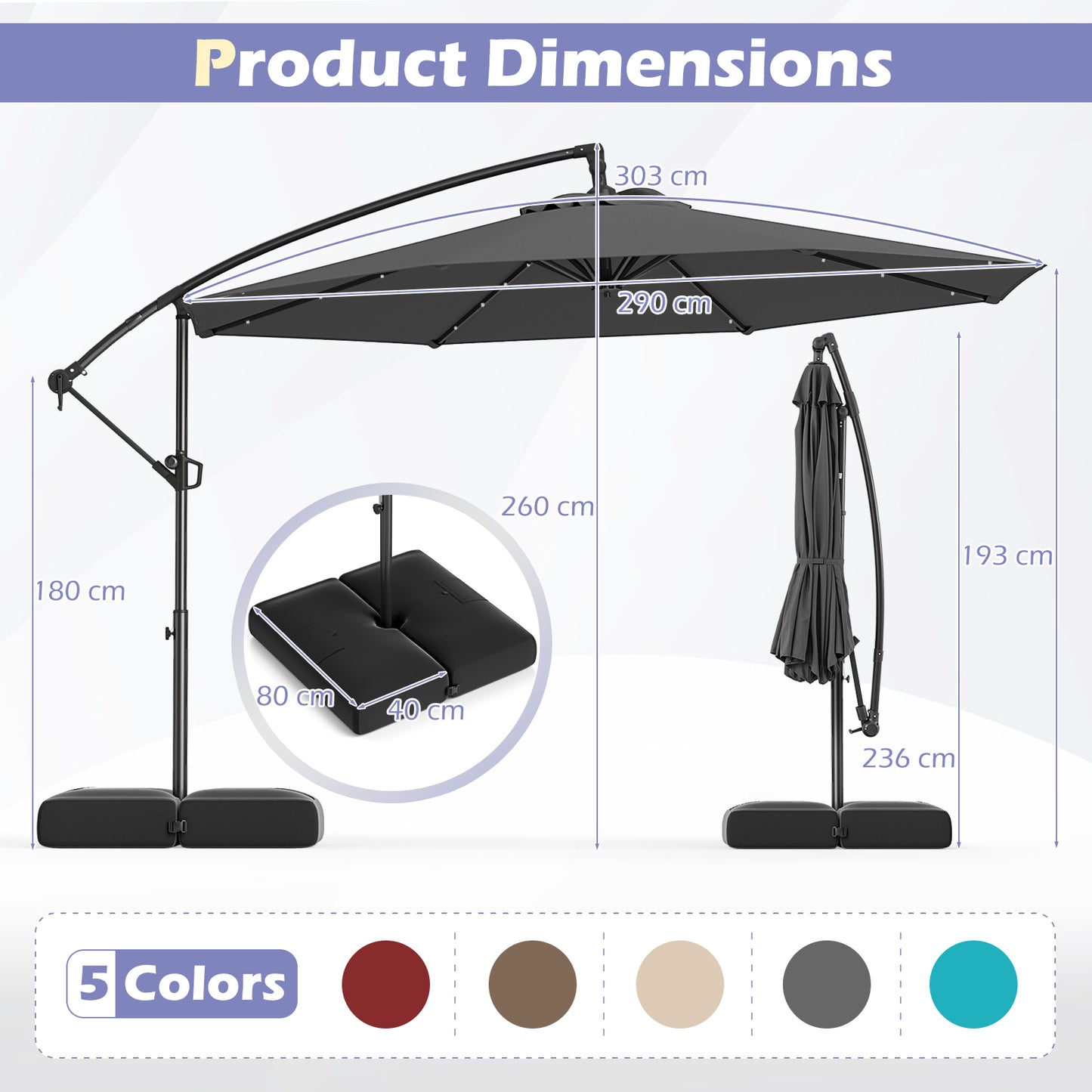 3m Solar Offset Hanging Umbrella with 32 LED Lights and 360° Rotation-Grey