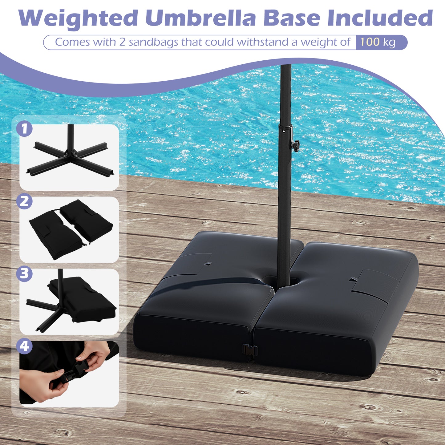 3m Solar Offset Hanging Umbrella with 32 LED Lights and 360° Rotation-Grey