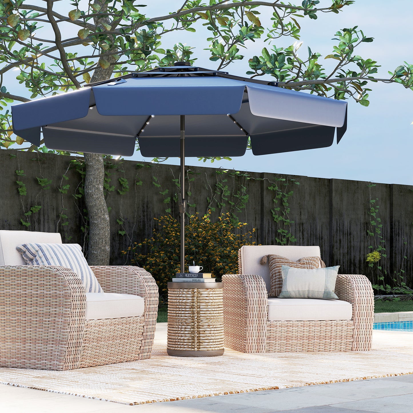 3m Solar Patio Umbrella with 32 LED Lights and 3-Tier Vented Top-Blue
