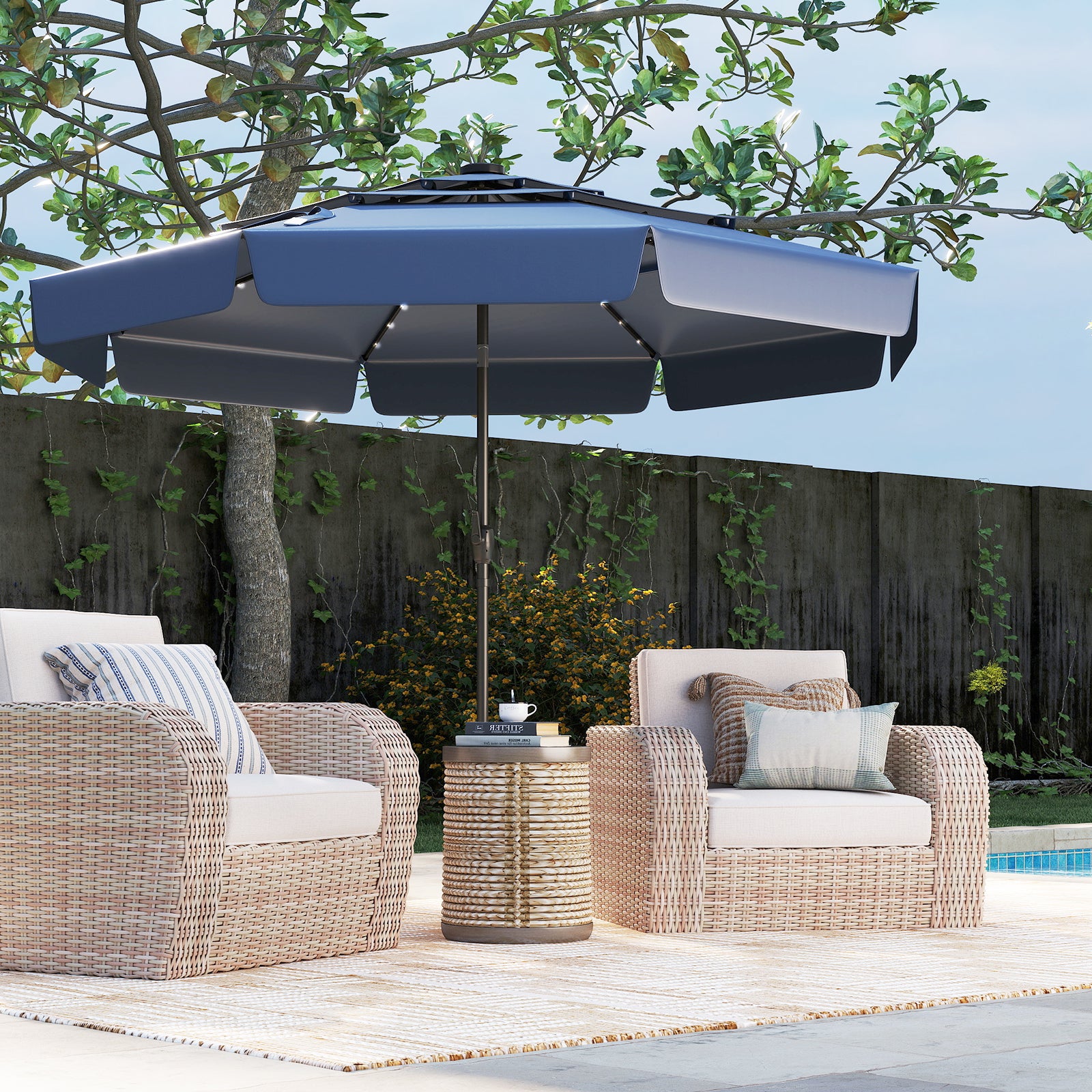 3m Solar Patio Umbrella with 32 LED Lights and 3-Tier Vented Top-Blue