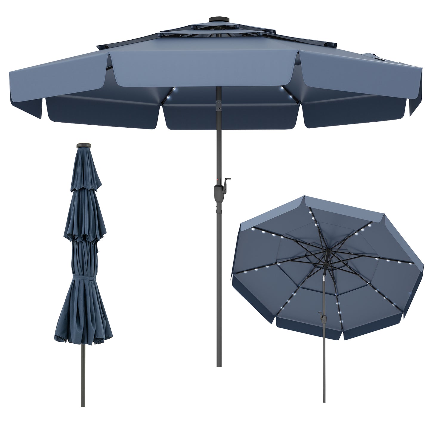 3m Solar Patio Umbrella with 32 LED Lights and 3-Tier Vented Top-Blue