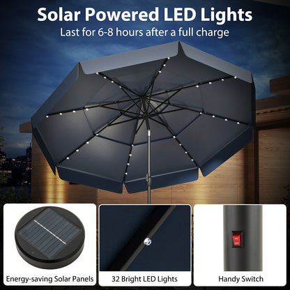 3m Solar Patio Umbrella with 32 LED Lights and 3-Tier Vented Top-Blue