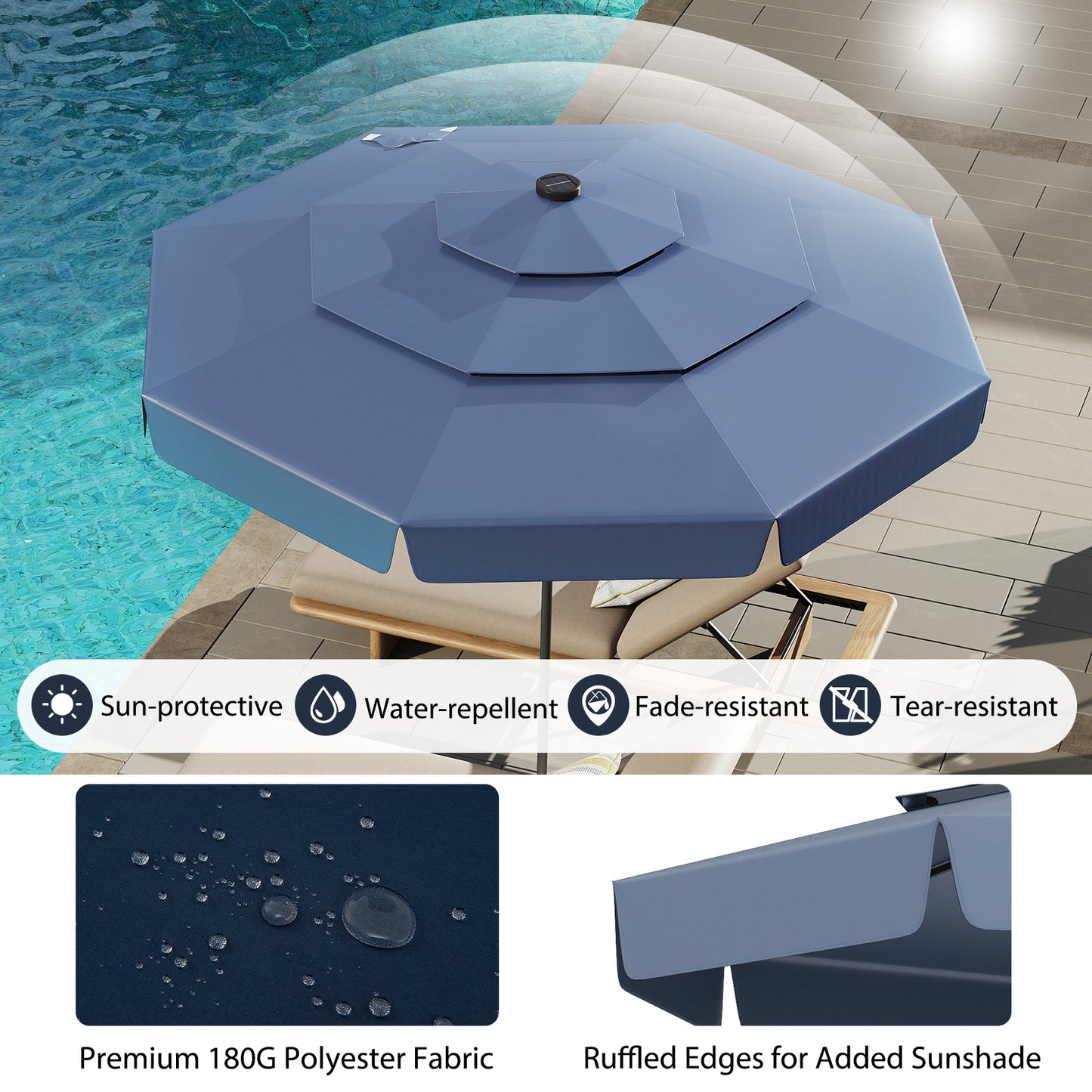 3m Solar Patio Umbrella with 32 LED Lights and 3-Tier Vented Top-Blue