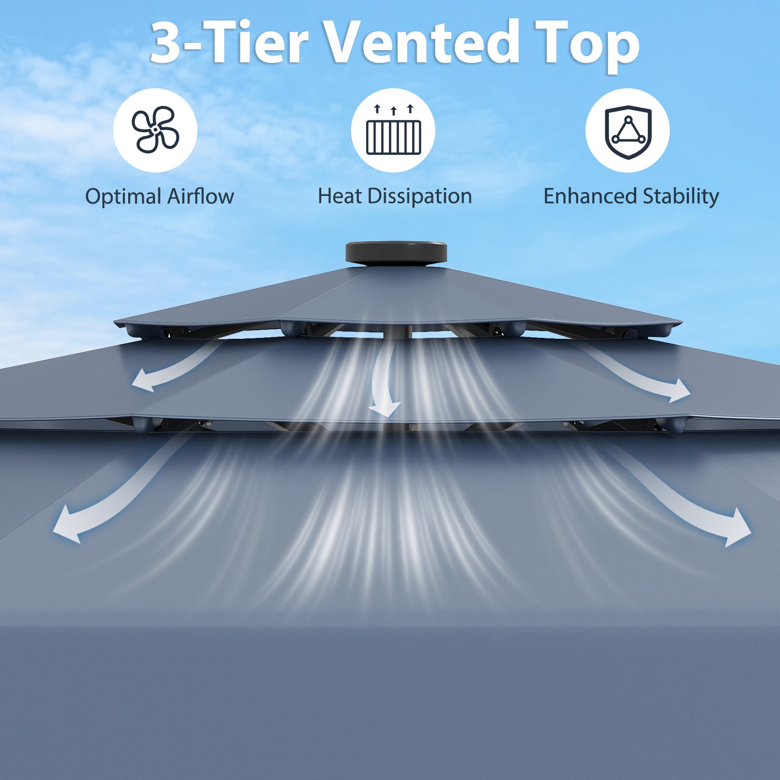 3m Solar Patio Umbrella with 32 LED Lights and 3-Tier Vented Top-Blue