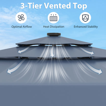 3m Solar Patio Umbrella with 32 LED Lights and 3-Tier Vented Top-Blue
