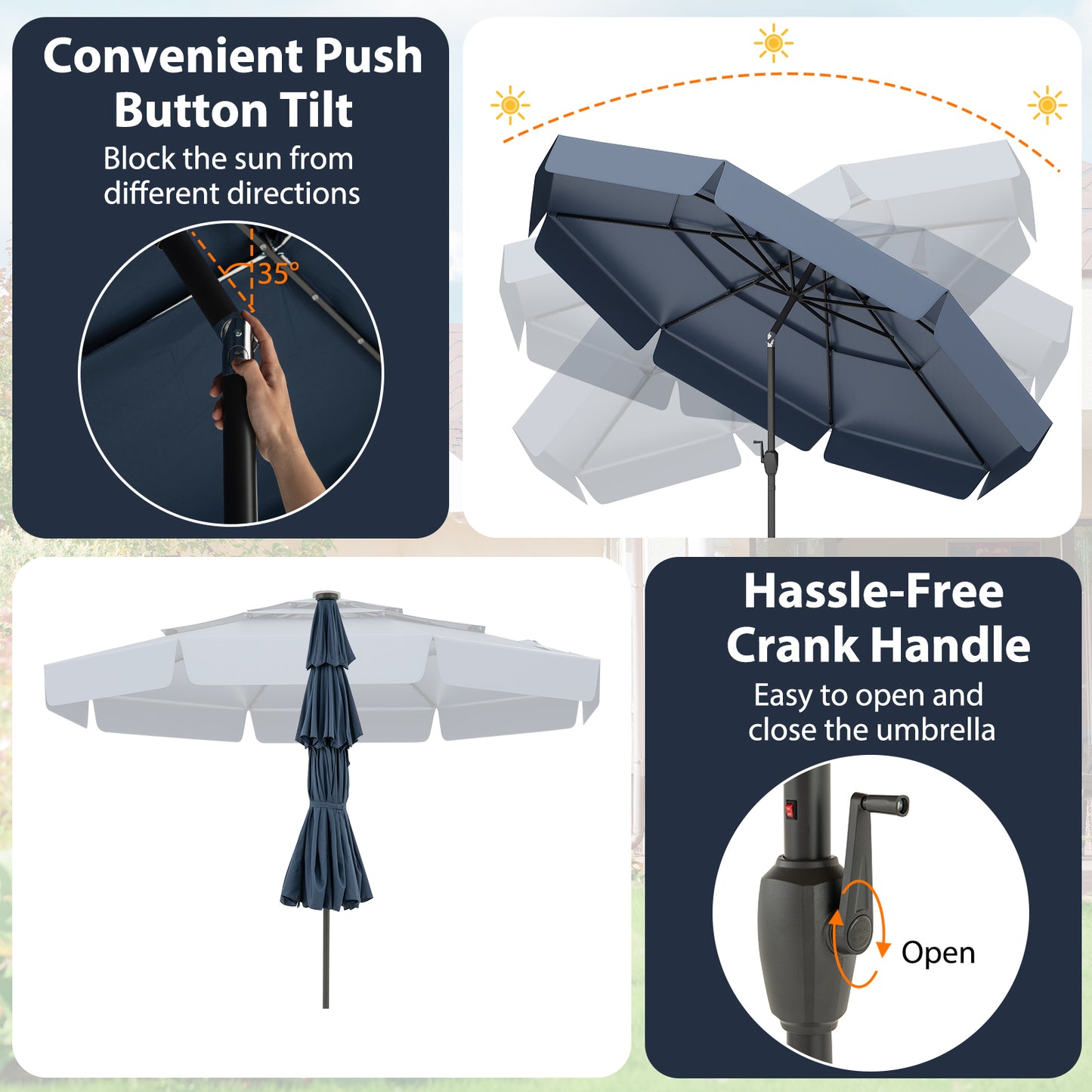 3m Solar Patio Umbrella with 32 LED Lights and 3-Tier Vented Top-Blue