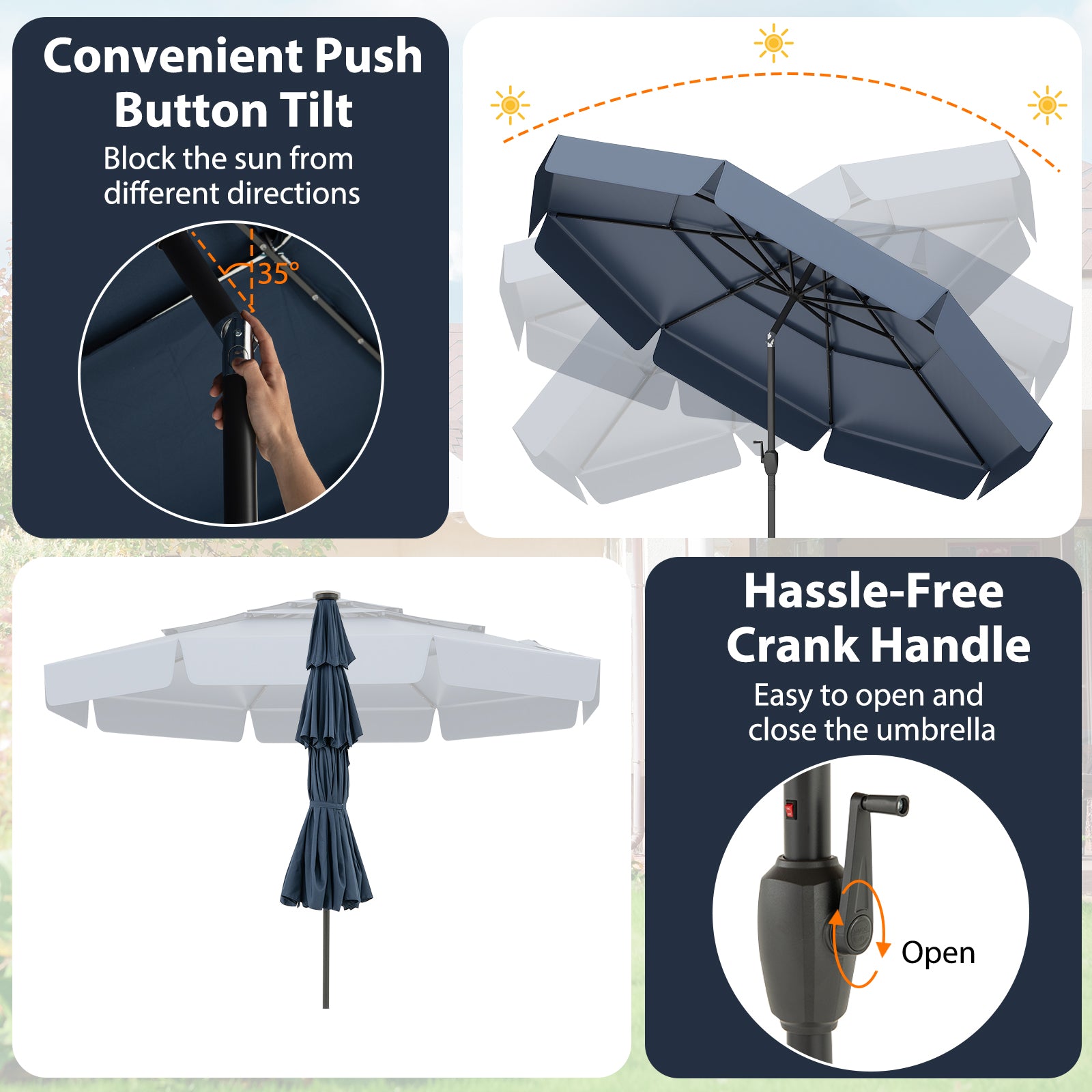 3m Solar Patio Umbrella with 32 LED Lights and 3-Tier Vented Top-Blue