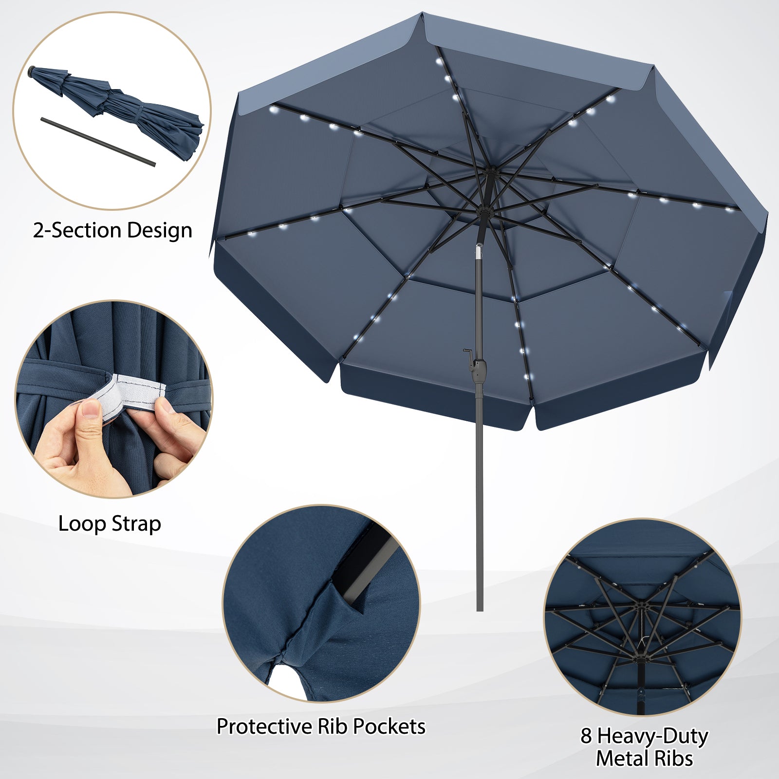 3m Solar Patio Umbrella with 32 LED Lights and 3-Tier Vented Top-Blue