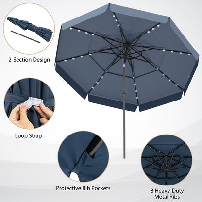 3m Solar Patio Umbrella with 32 LED Lights and 3-Tier Vented Top-Blue
