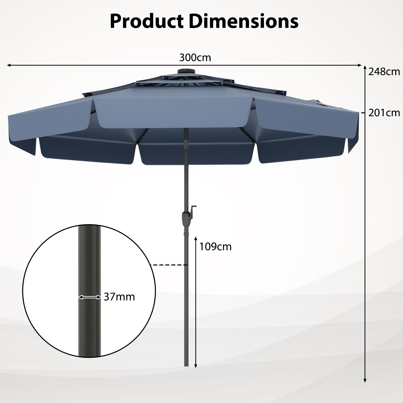 3m Solar Patio Umbrella with 32 LED Lights and 3-Tier Vented Top-Blue