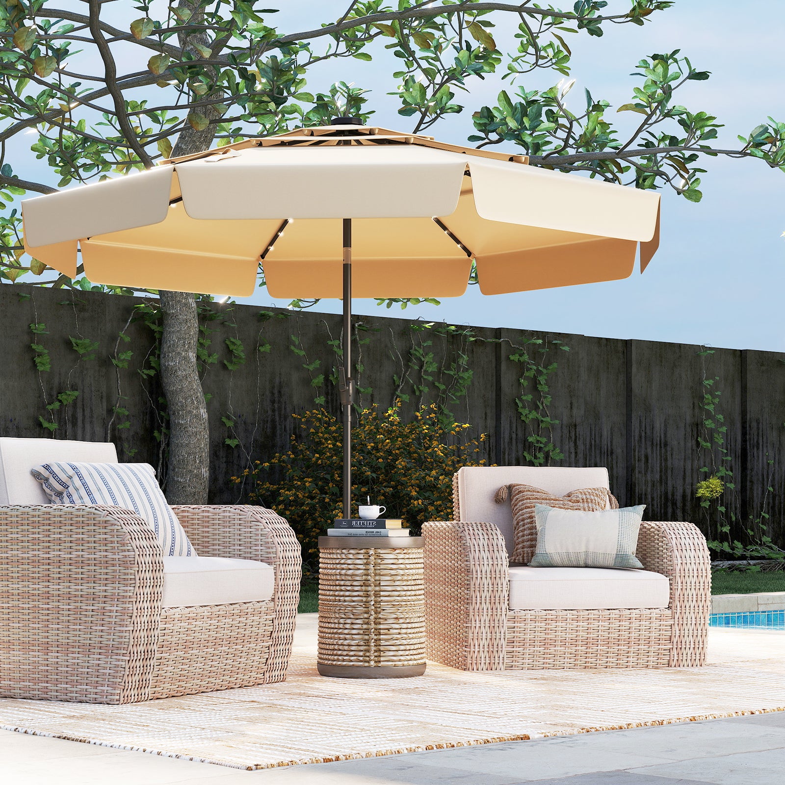 3m Solar Patio Umbrella with 32 LED Lights and 3-Tier Vented Top-Beige