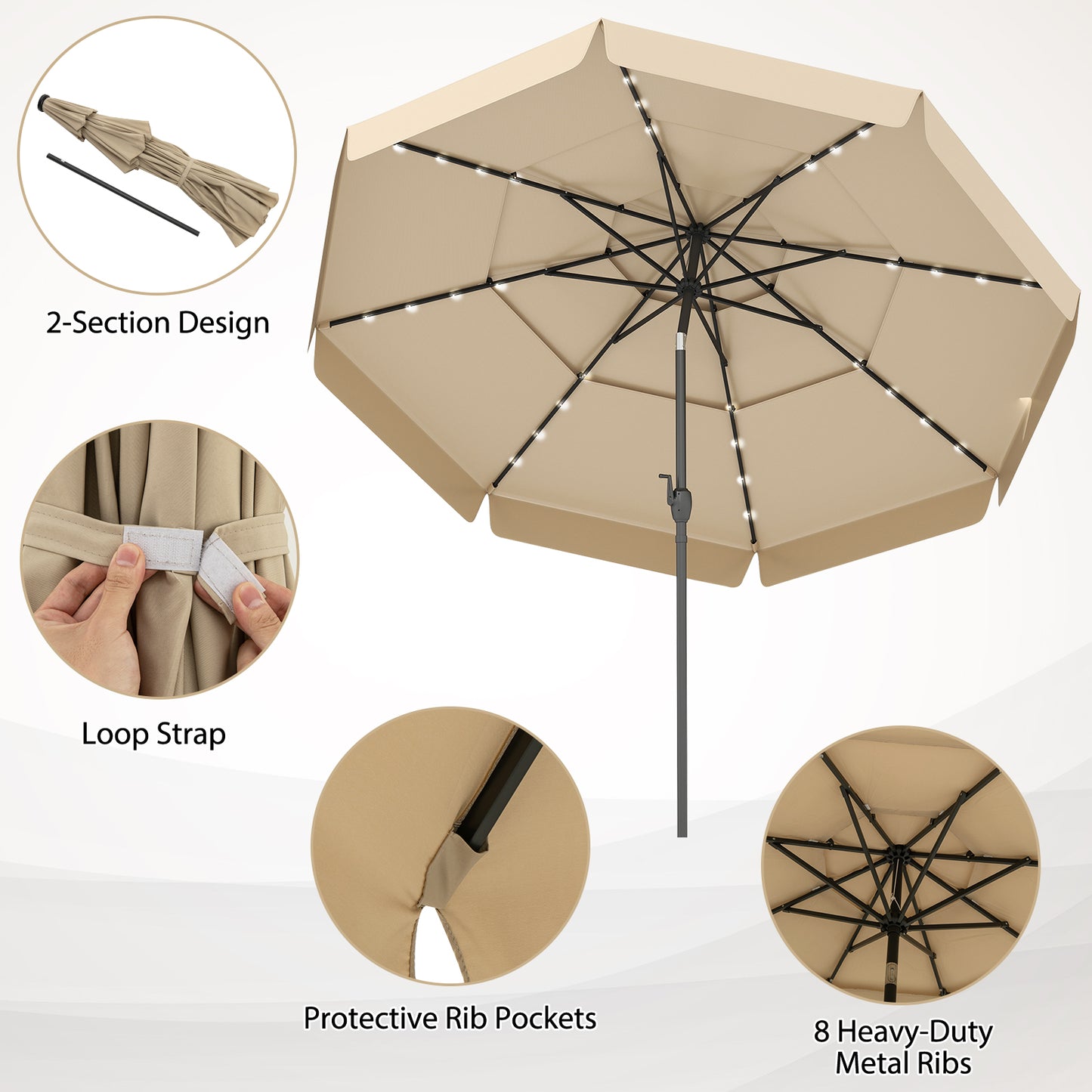 3m Solar Patio Umbrella with 32 LED Lights and 3-Tier Vented Top-Beige