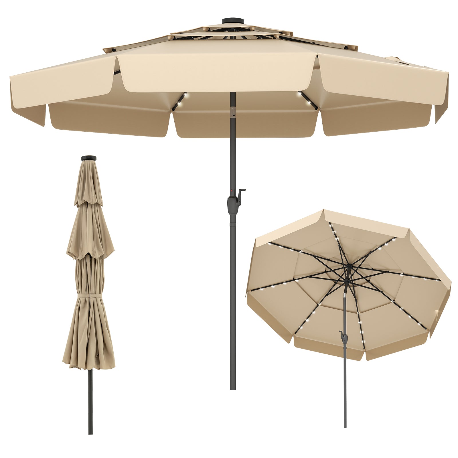 3m Solar Patio Umbrella with 32 LED Lights and 3-Tier Vented Top-Beige
