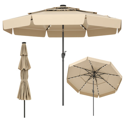 3m Solar Patio Umbrella with 32 LED Lights and 3-Tier Vented Top-Beige