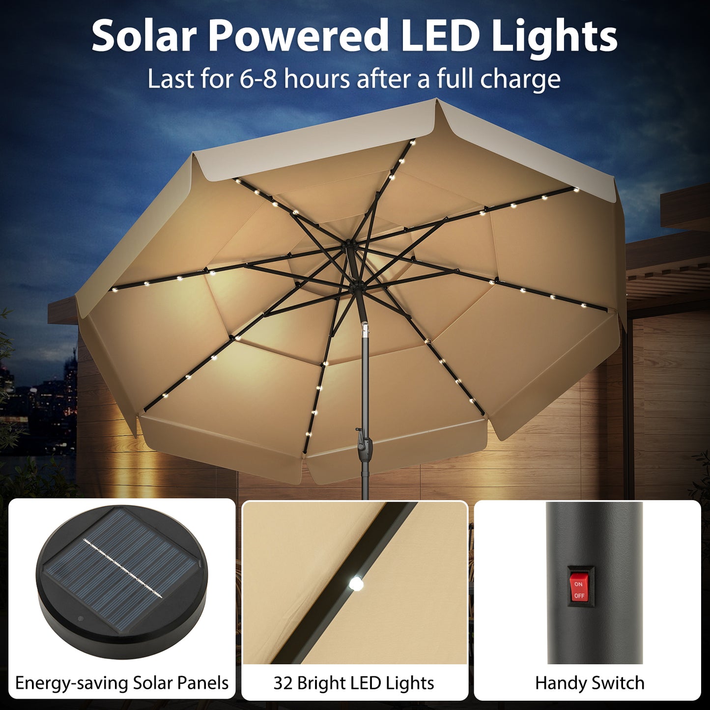 3m Solar Patio Umbrella with 32 LED Lights and 3-Tier Vented Top-Beige