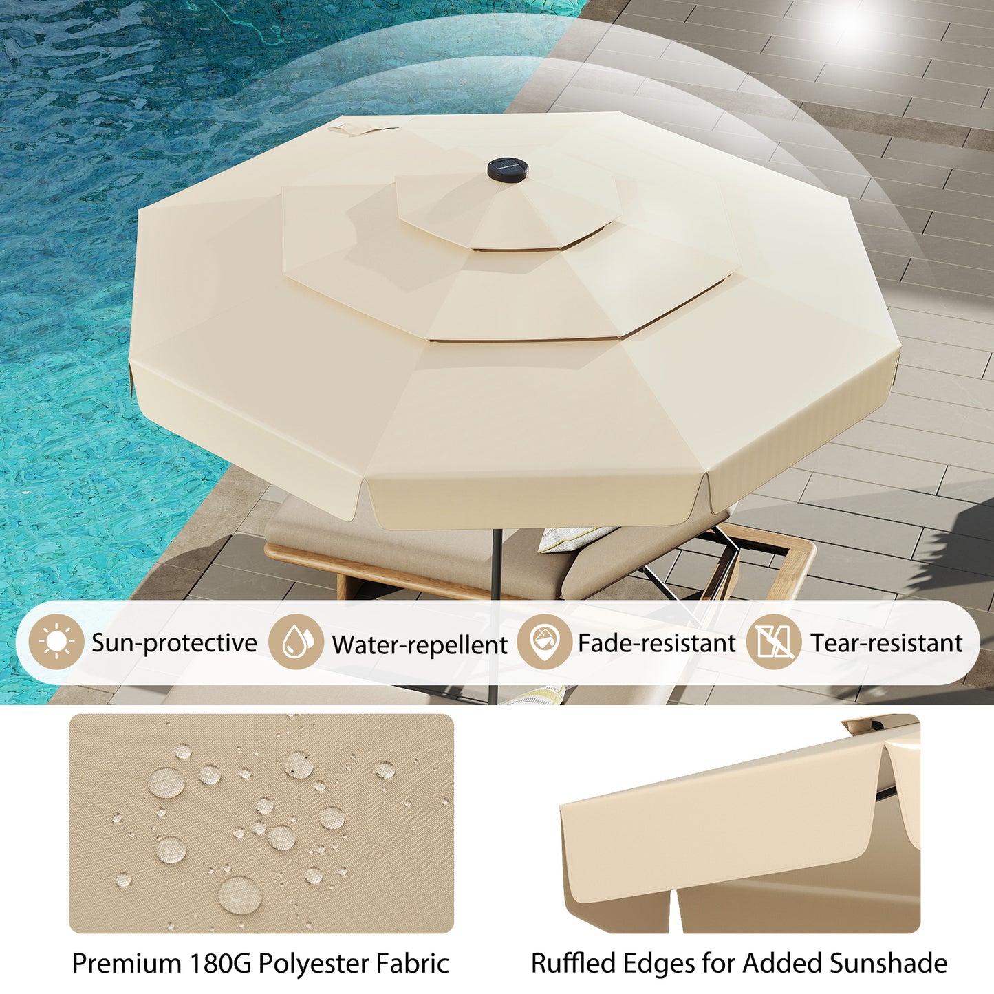 3m Solar Patio Umbrella with 32 LED Lights and 3-Tier Vented Top-Beige