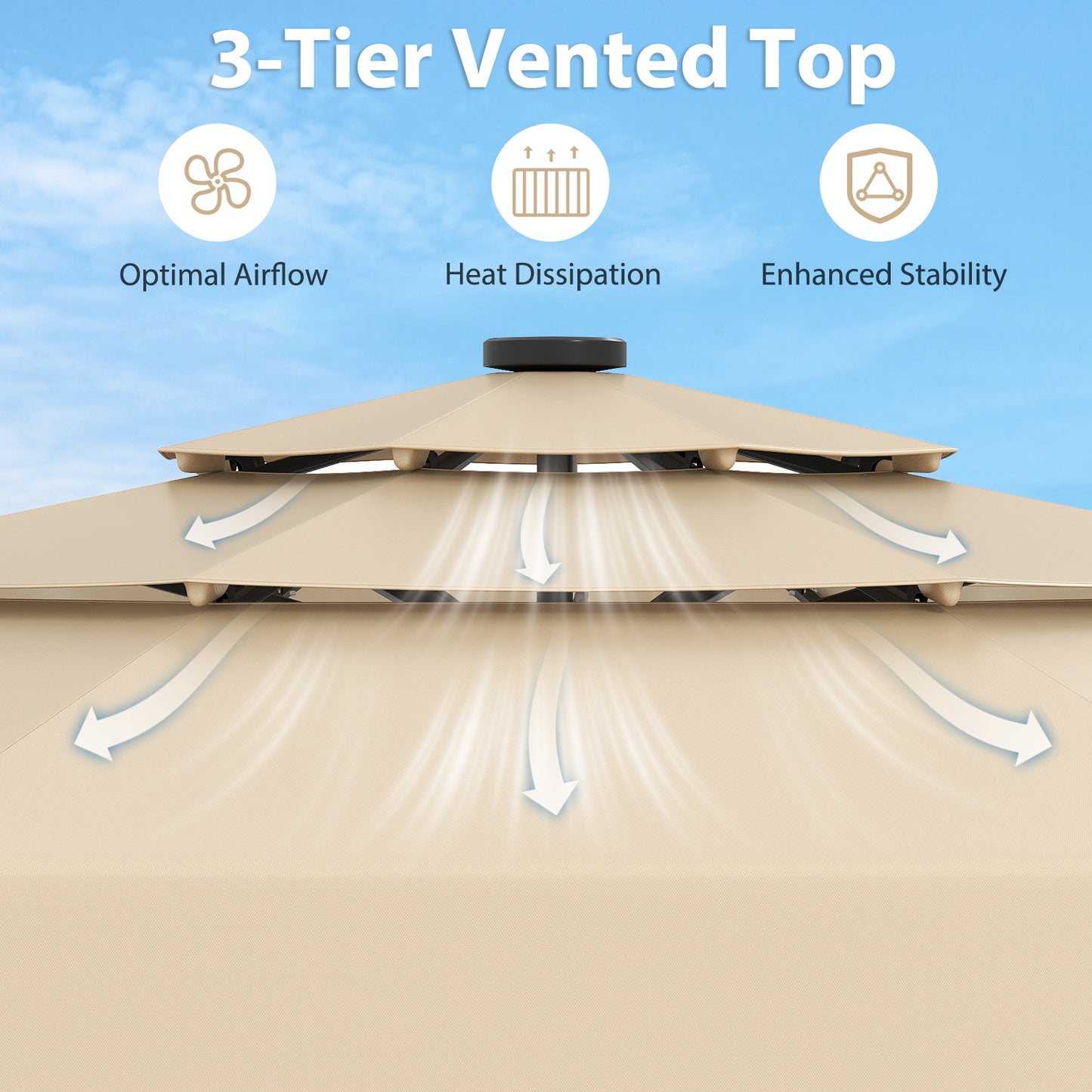 3m Solar Patio Umbrella with 32 LED Lights and 3-Tier Vented Top-Beige