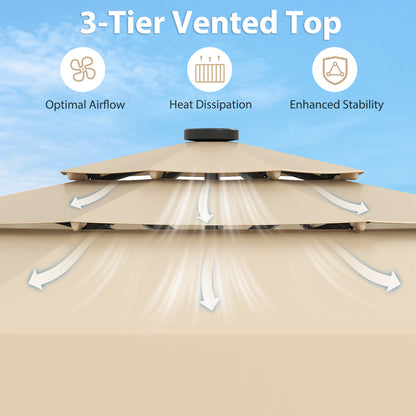 3m Solar Patio Umbrella with 32 LED Lights and 3-Tier Vented Top-Beige