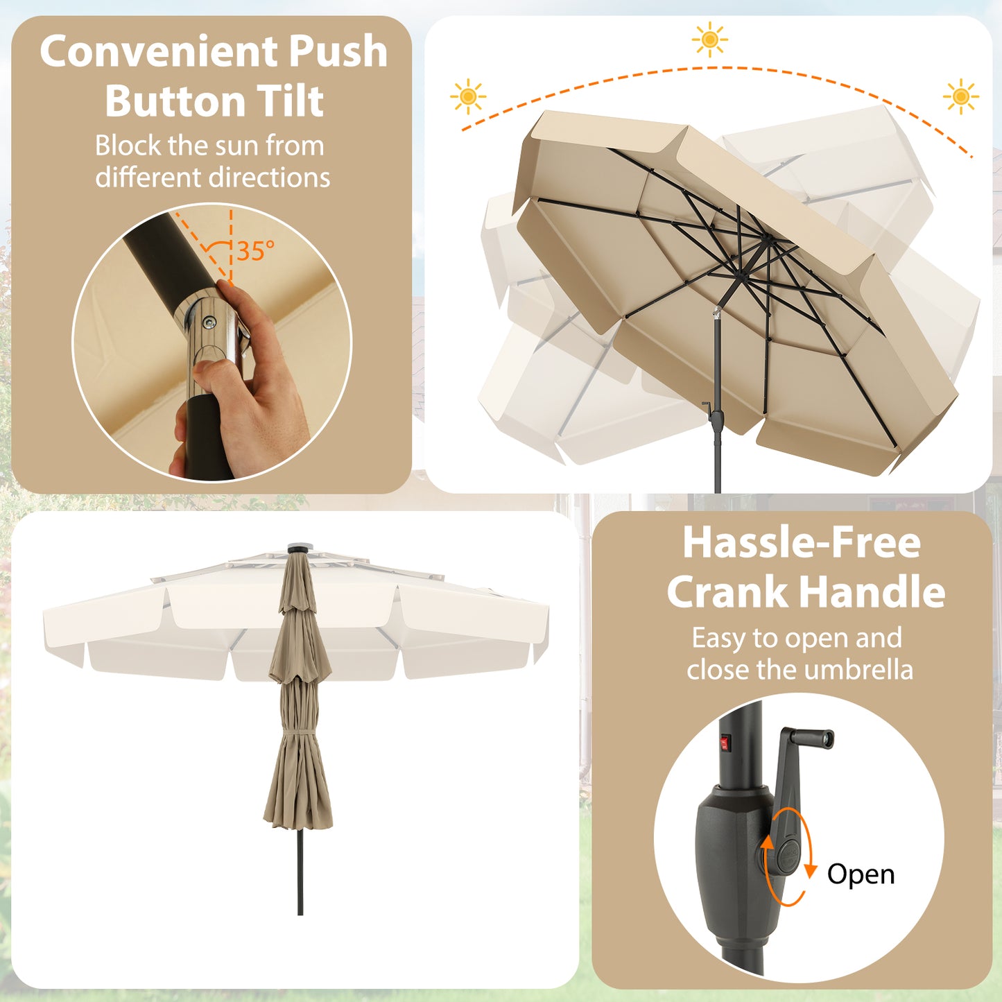 3m Solar Patio Umbrella with 32 LED Lights and 3-Tier Vented Top-Beige