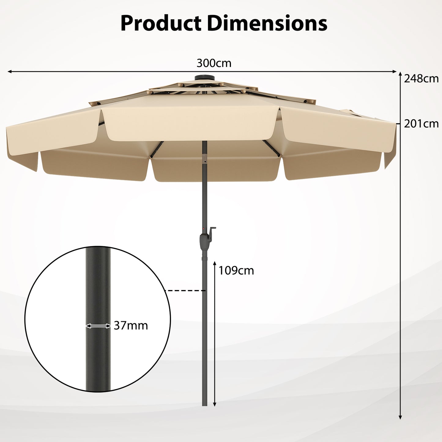 3m Solar Patio Umbrella with 32 LED Lights and 3-Tier Vented Top-Beige