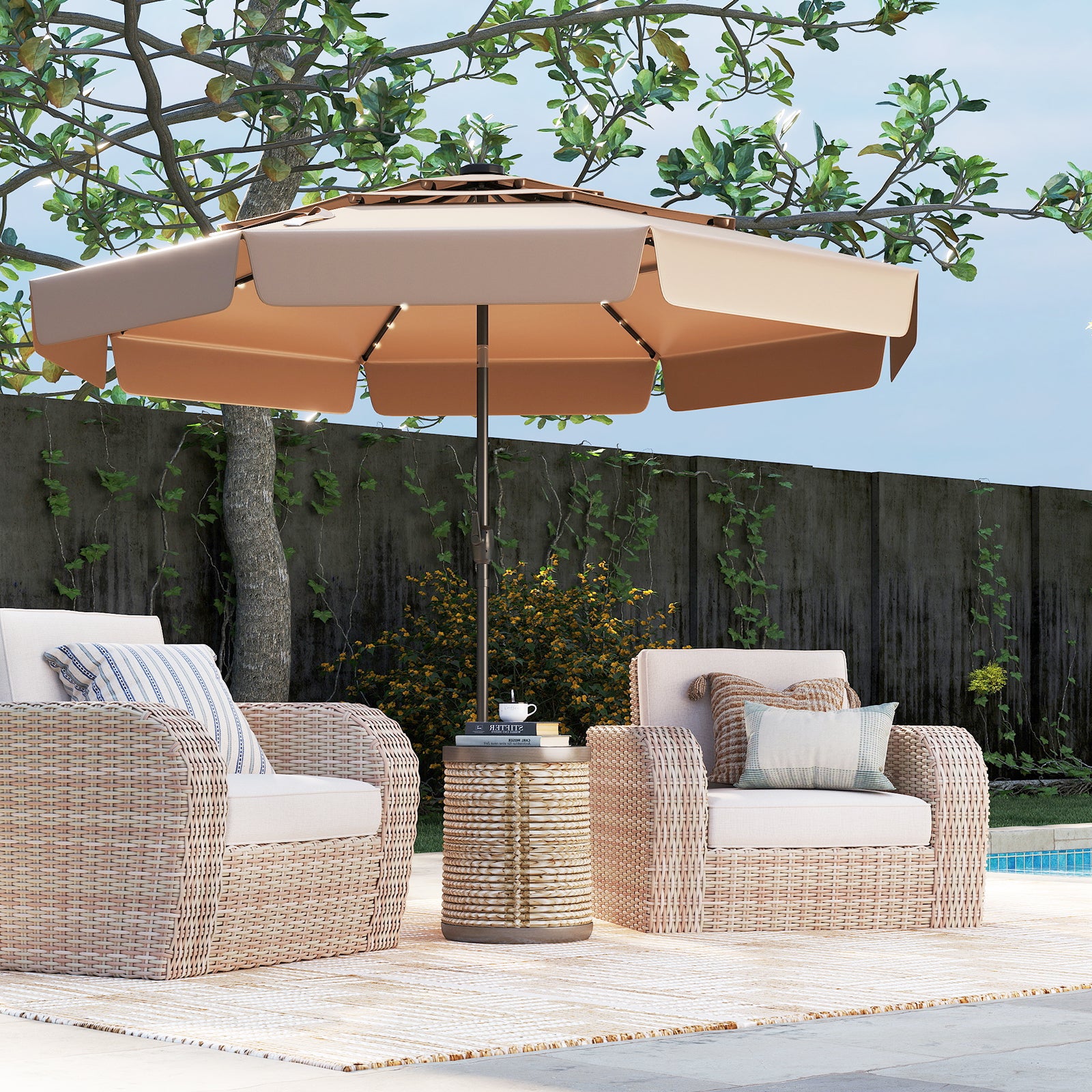 3m Solar Patio Umbrella with 32 LED Lights and 3-Tier Vented Top-Brown