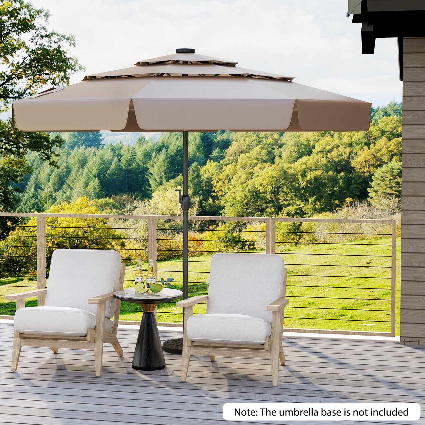 3m Solar Patio Umbrella with 32 LED Lights and 3-Tier Vented Top-Brown