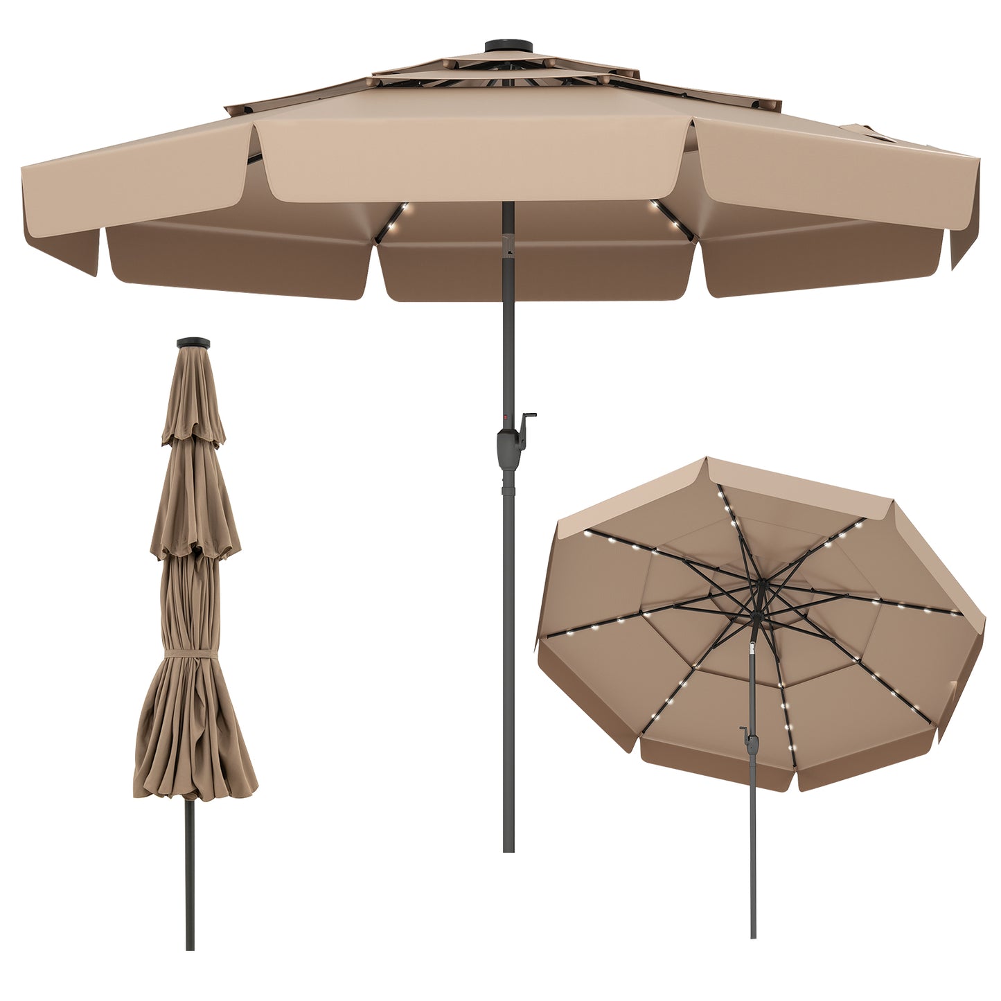 3m Solar Patio Umbrella with 32 LED Lights and 3-Tier Vented Top-Brown