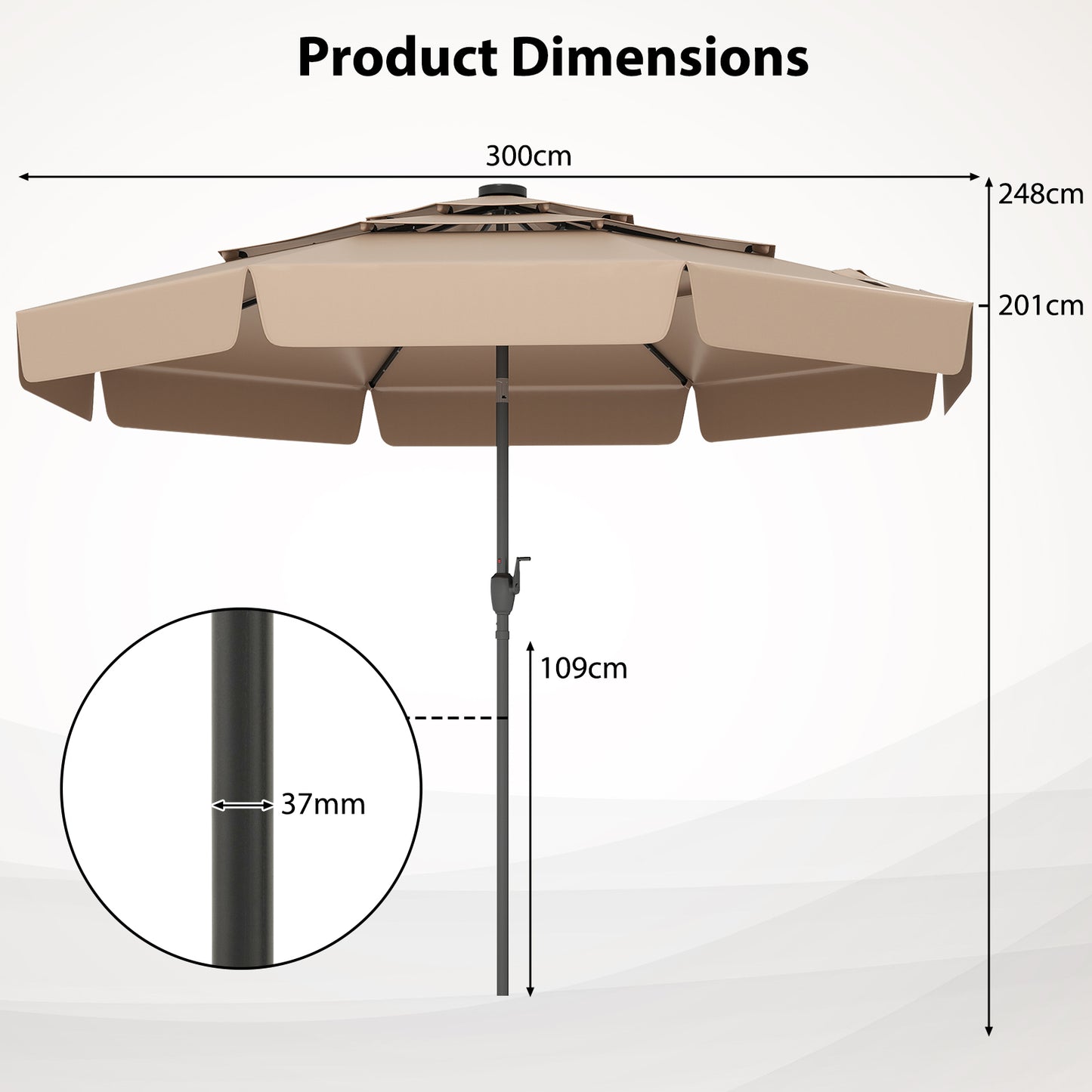 3m Solar Patio Umbrella with 32 LED Lights and 3-Tier Vented Top-Brown