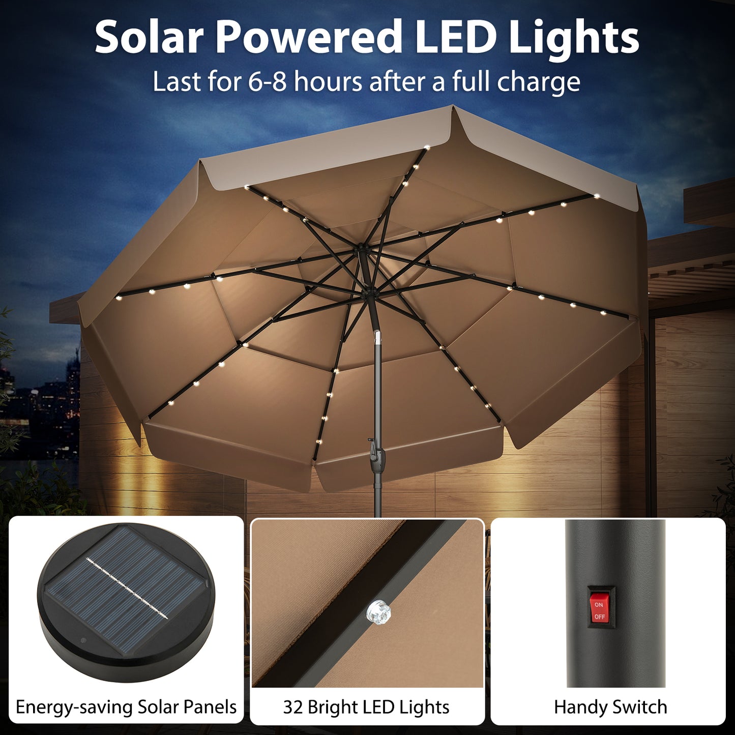 3m Solar Patio Umbrella with 32 LED Lights and 3-Tier Vented Top-Brown