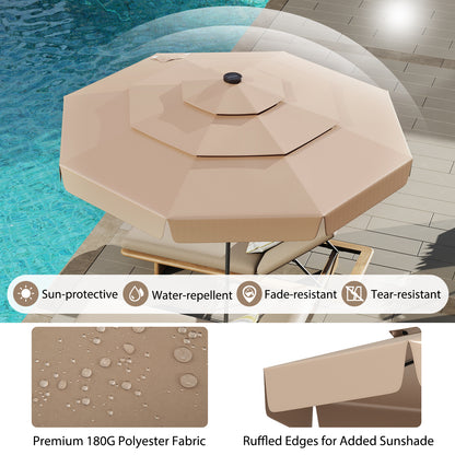 3m Solar Patio Umbrella with 32 LED Lights and 3-Tier Vented Top-Brown