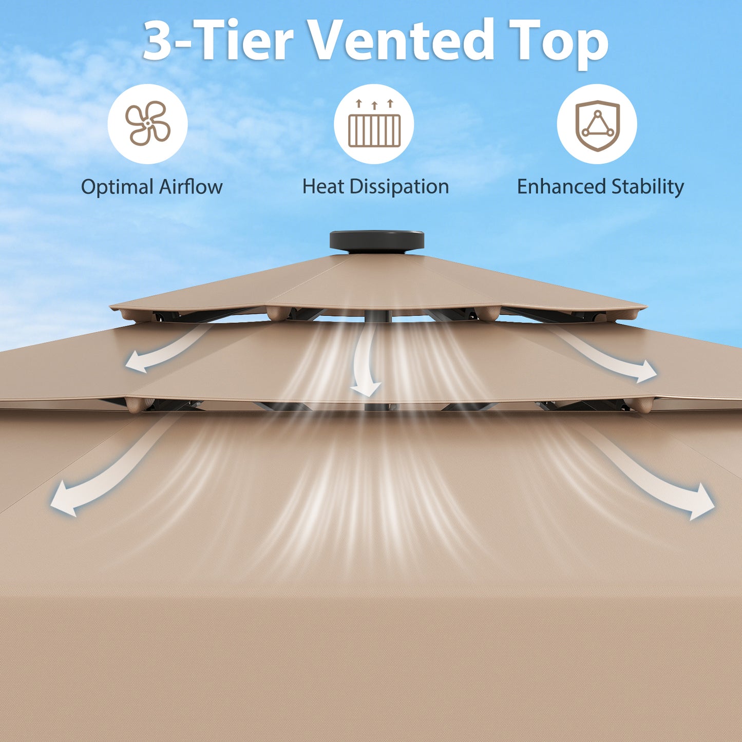 3m Solar Patio Umbrella with 32 LED Lights and 3-Tier Vented Top-Brown